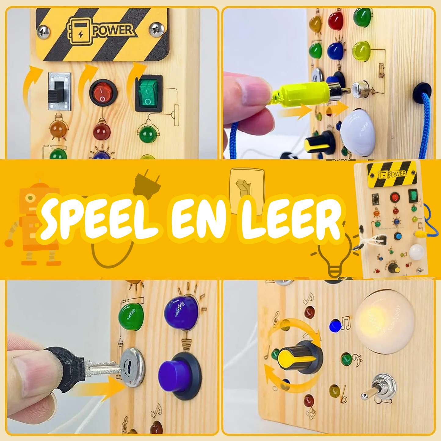 Montessori Houten Busy Board met LED & Schakelaars
