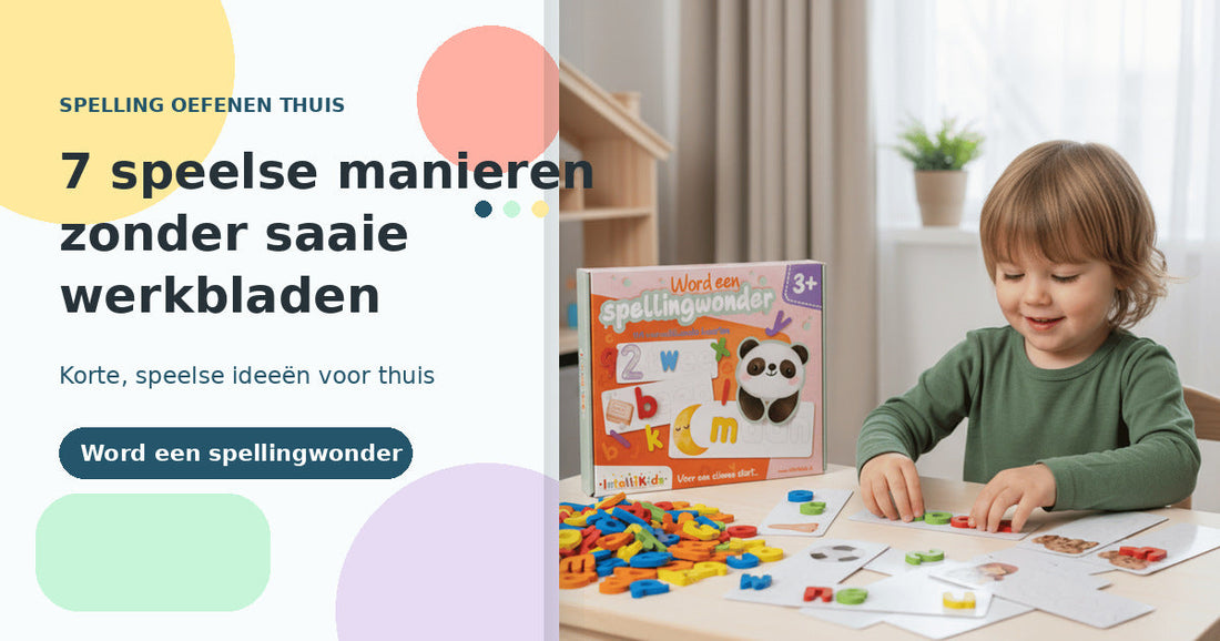 Kind oefent thuis met Word een spellingwonder; de productdoos, woordkaarten en kleurrijke houten letters liggen op tafel.