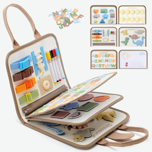 Busy Board dinosaurus beige - Montessori activiteitenboek van Intellikids