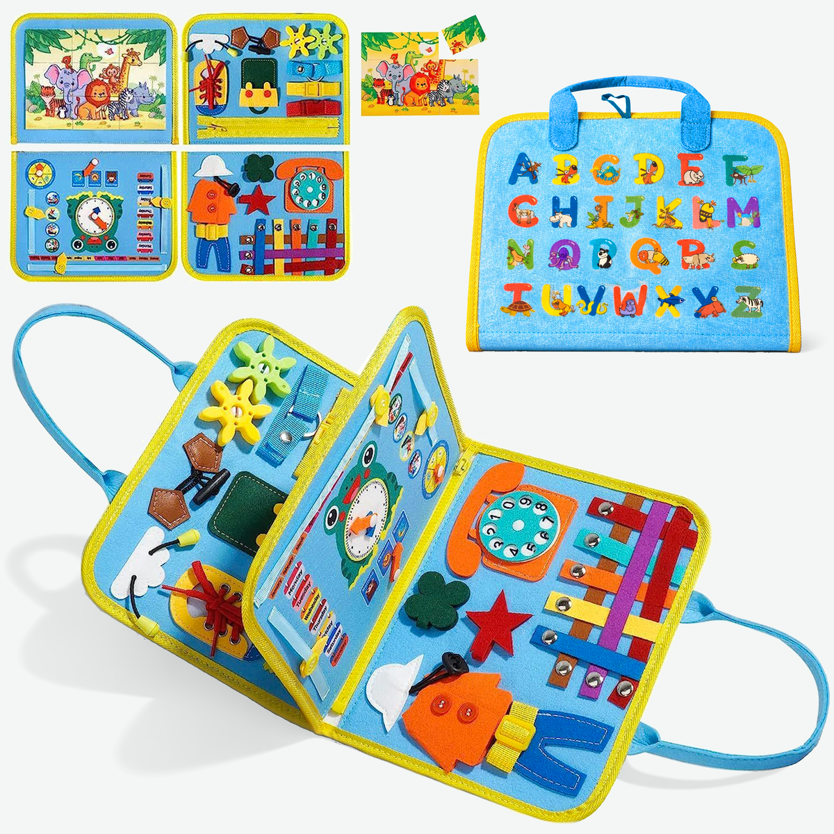 Busy Board dinosaurus blauw - Montessori activiteitenboek van Intellikids