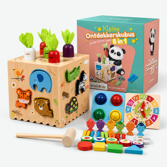 Kleine Ontdekkerskubus 8 in 1 - houten activiteitenkubus van Intellikids