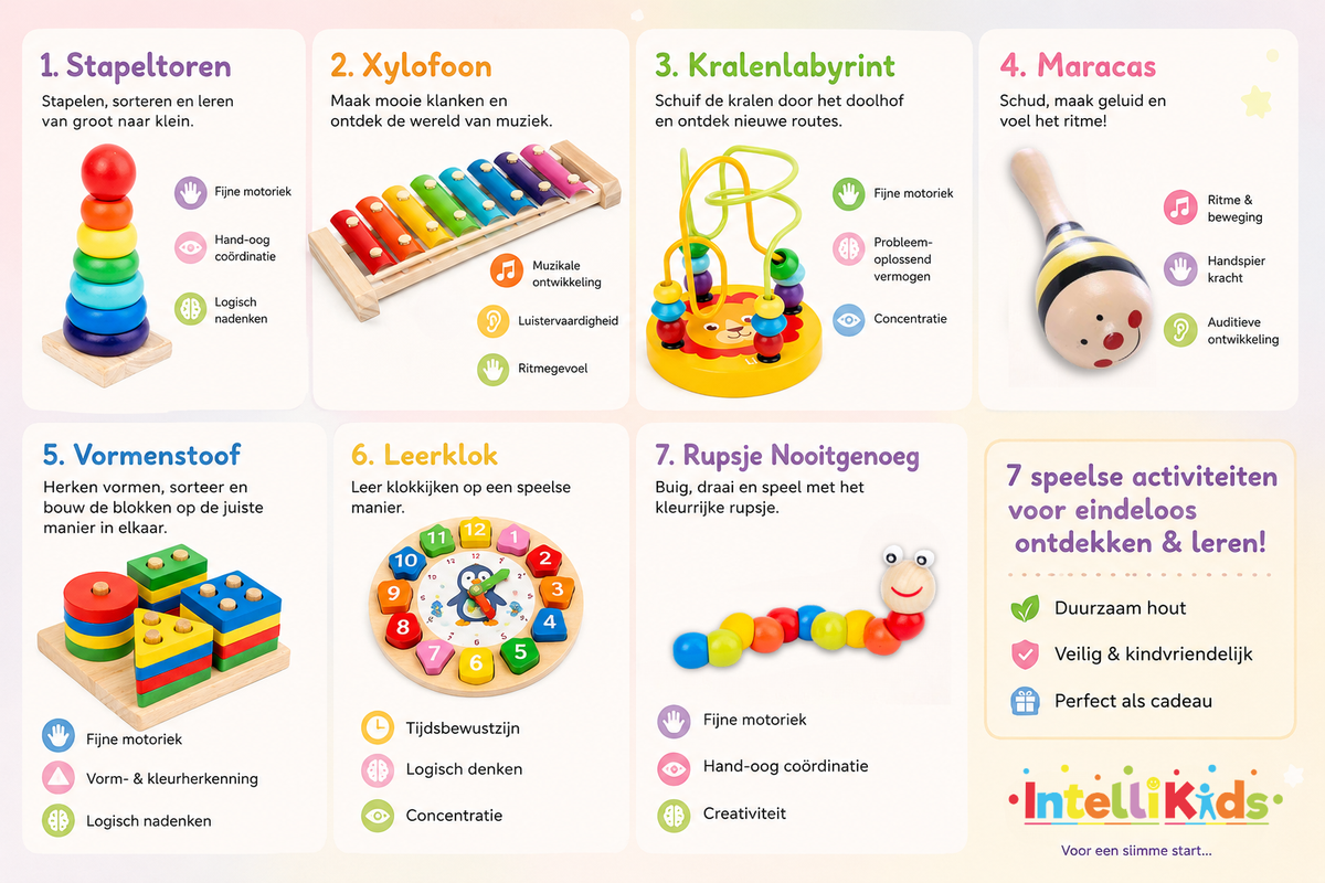 De zeven speelactiviteiten van de Intellikids Kleine Ontdekkersspeelset 7 in 1