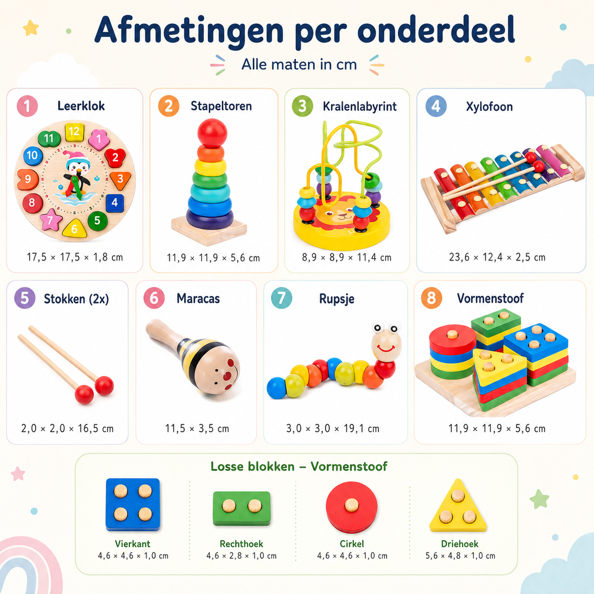 Afmetingen per onderdeel van de Intellikids Kleine Ontdekkersspeelset 7 in 1