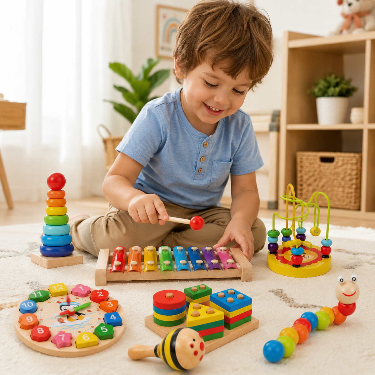 Kind speelt met de houten Intellikids Kleine Ontdekkersspeelset 7 in 1