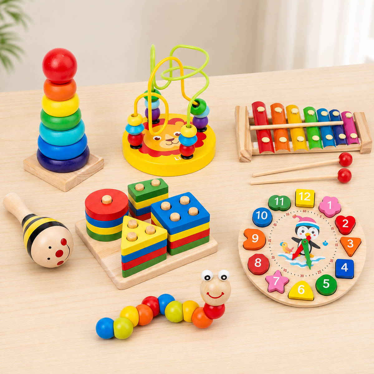 Overzicht van de zeven houten speelonderdelen van de Intellikids Kleine Ontdekkersspeelset